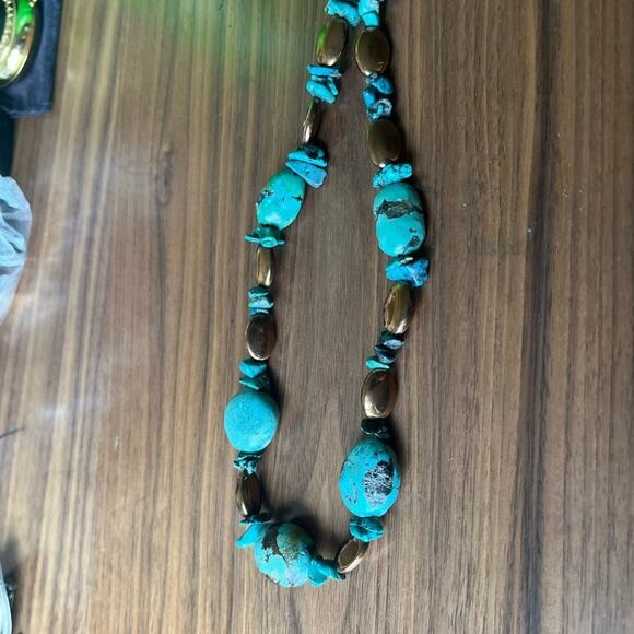 Vintage 925 Sterling Silver Chunky Genuine Turquoise and Bronze Bead Necklace C3 - Picture 4 of 11